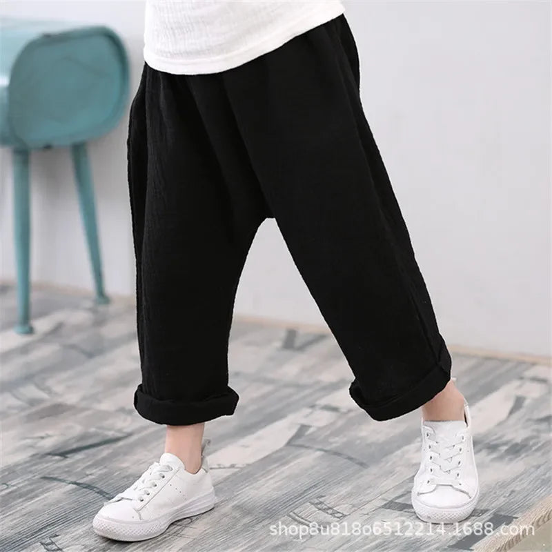 Kids Solid Color Linen Pleated Trousers