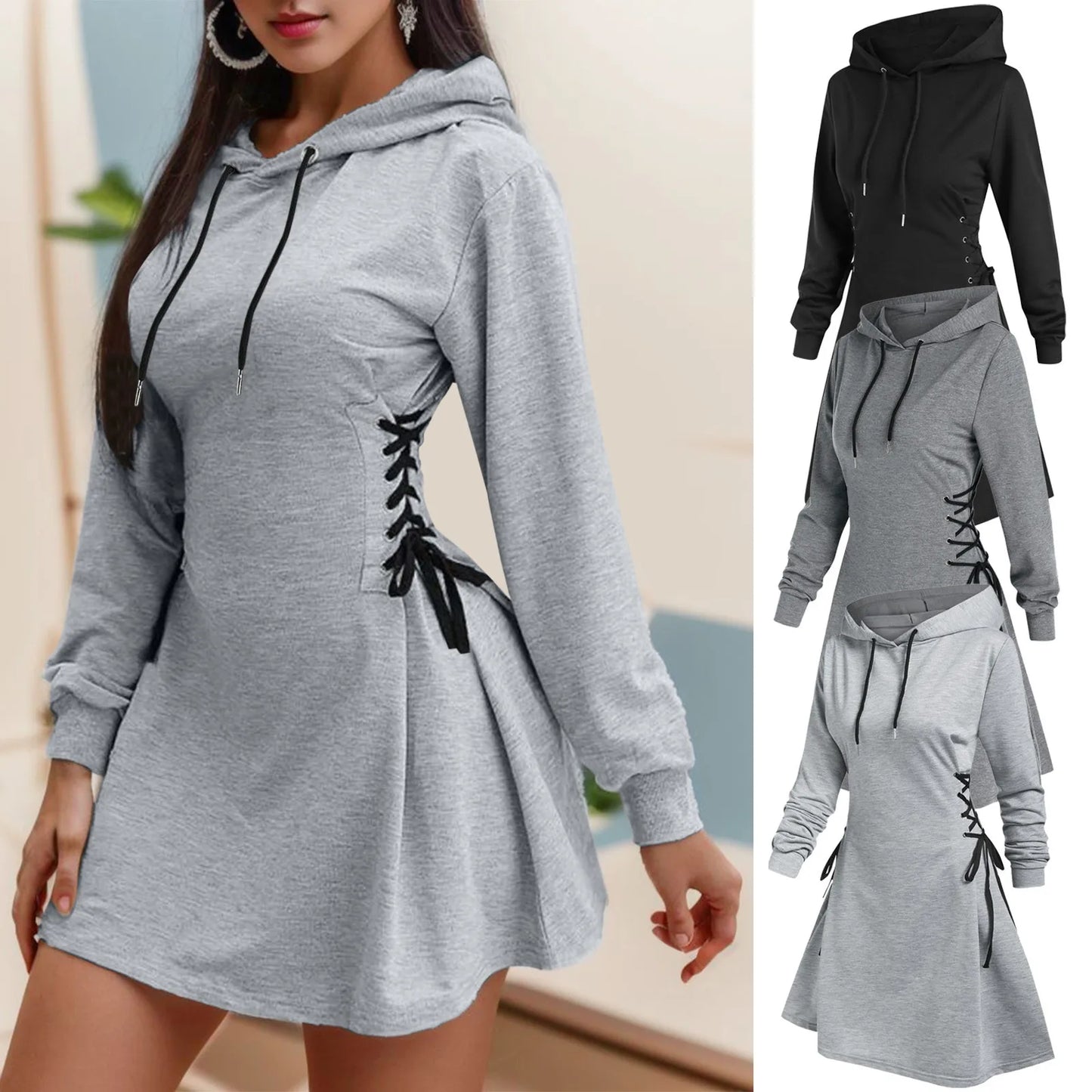 Women Tie Waist Mini Dress Hoodie