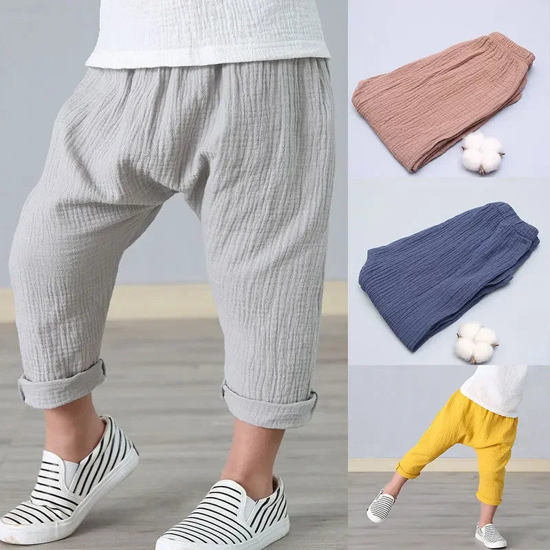 Kids Solid Color Linen Pleated Trousers