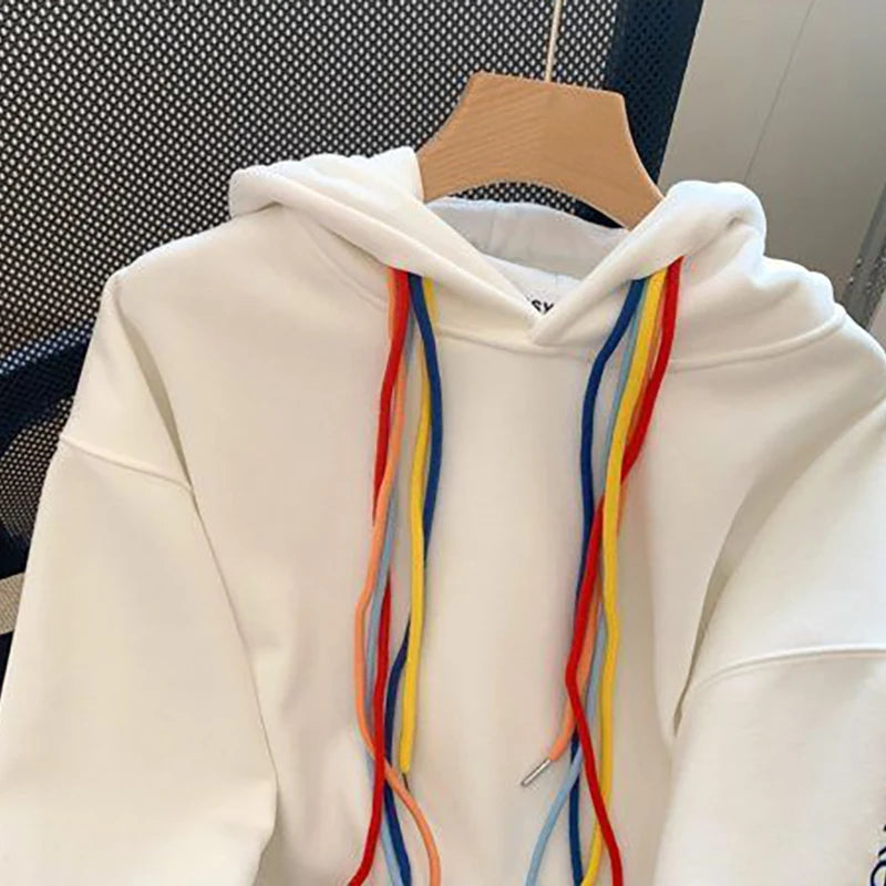 Rainbow Striped Drawstring Women's Casual  Hoodie