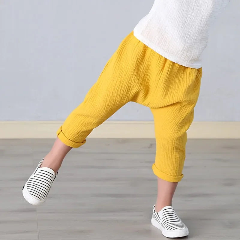 Kids Solid Color Linen Pleated Trousers