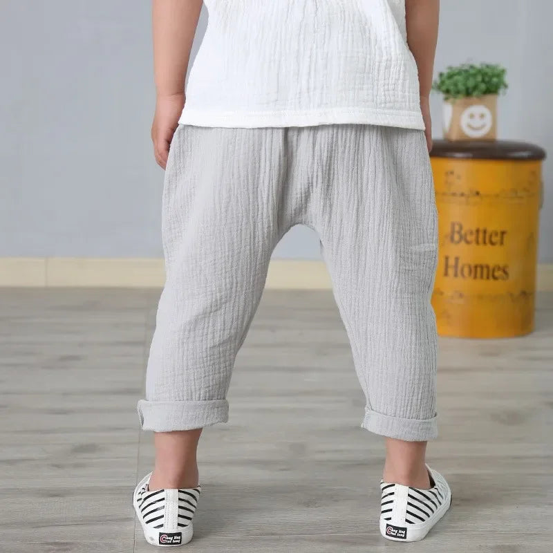 Kids Solid Color Linen Pleated Trousers